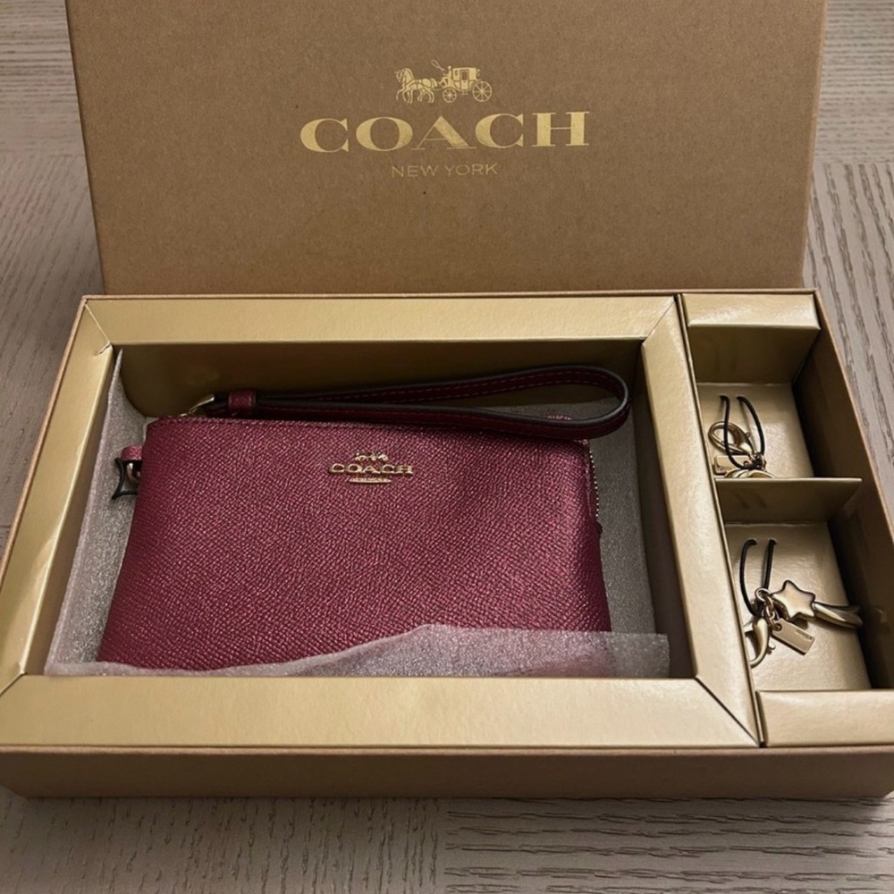 Coach Burgundy Leather Wristlet with Gold Details + 2 charms